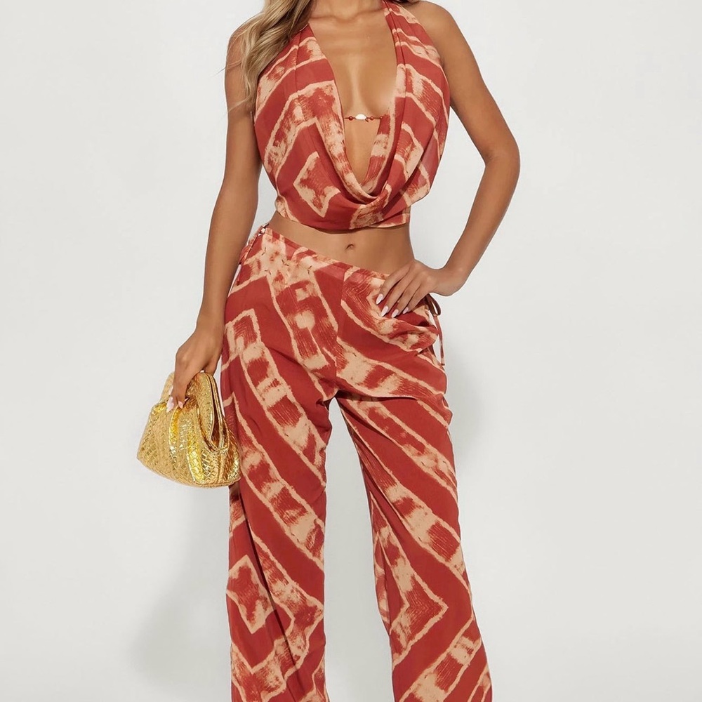 Fashion Nova Red and Cream Pants Set